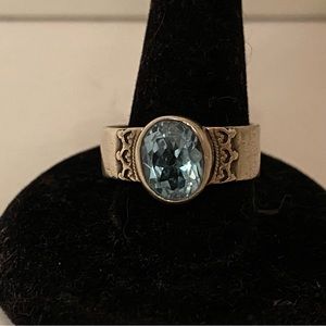 MF SIGNED RING STERLING SILVER BLUE TOPAZ FACETED OVAL STONE 5.1g SIZE 8